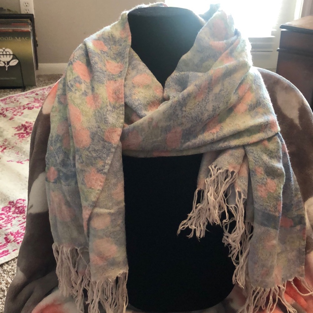 Pastel Floral Scarf with Fringe